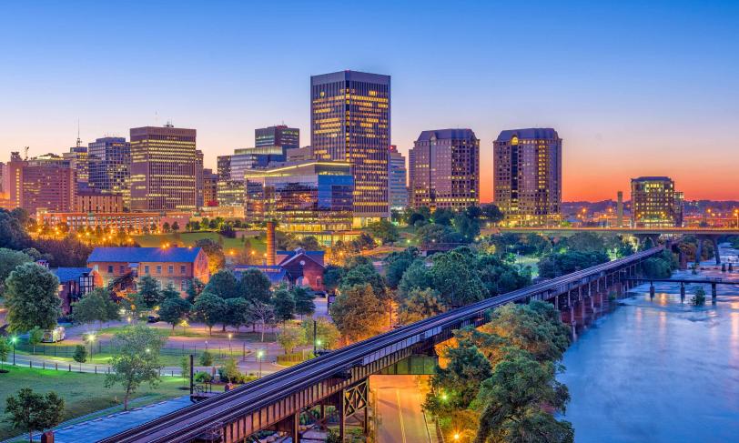 Richmond Virginia skyline along the James river at dusk