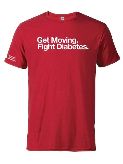 Red t-shirt with get moving. fight diabetes.